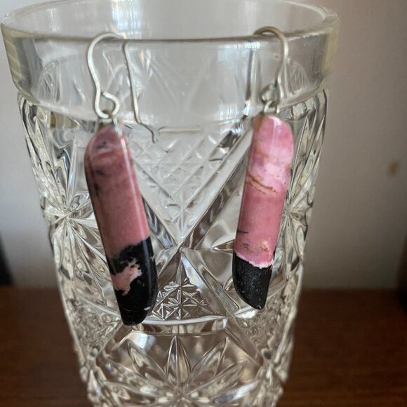 Handcrafted Natural Stone Rhodonite Dangle Earrings - Picture 3 of 3